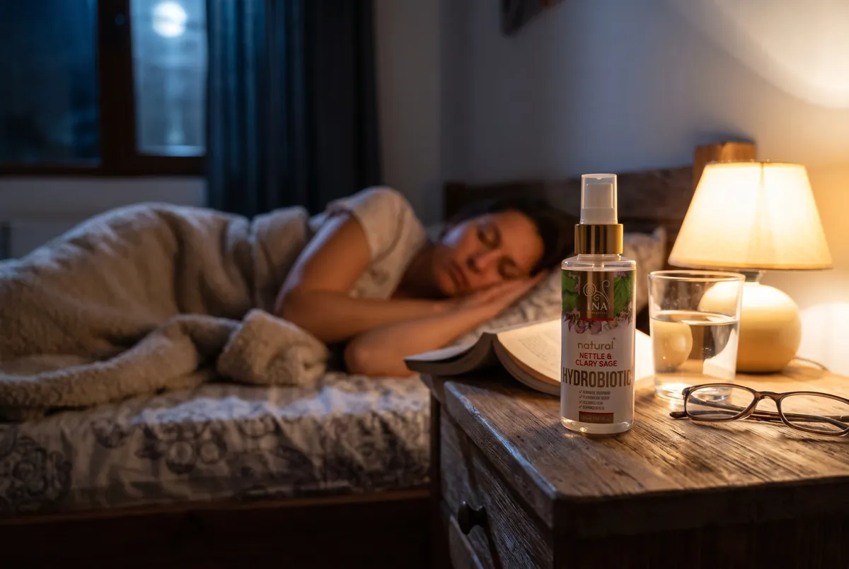 Спалня нощем с бутилката Hydrobiotic на нощното шкафче